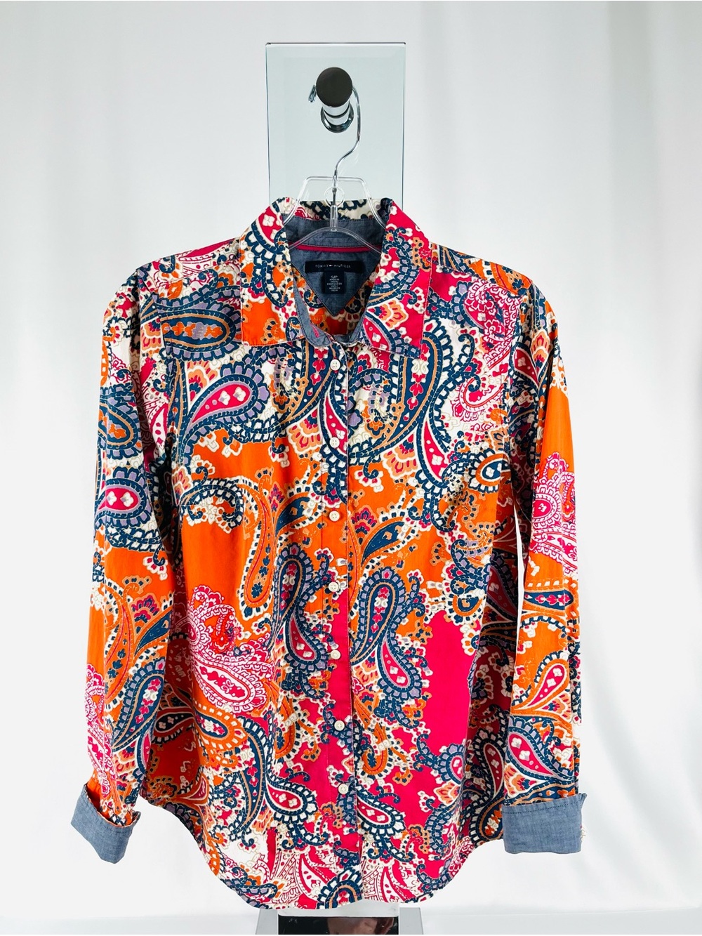 Tommy Hilfiger Women's Paisley Print Long-Sleeve Button-Down Shirt Orange Pink S